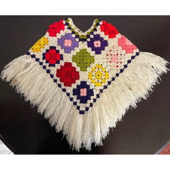 Infant Baby Toddler Crochet Hooded Shawl Handmade Multicolor Retro Boho Fringe - Picture 1 of 5